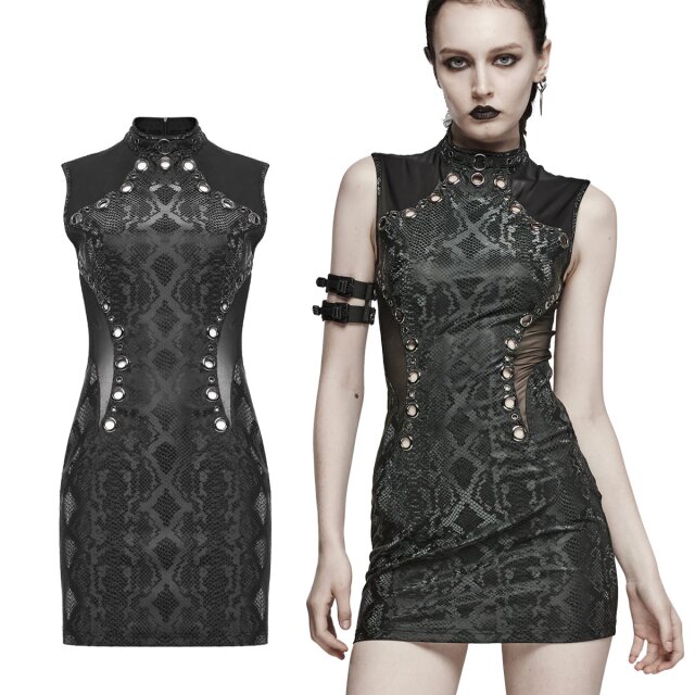 Tight-fitting PUNK RAVE snakeskin mini dress Dark Cobra (WQ-685BK) made of sinfully shiny material with perforated studs, mesh and wet look inserts and a small stand-up collar
