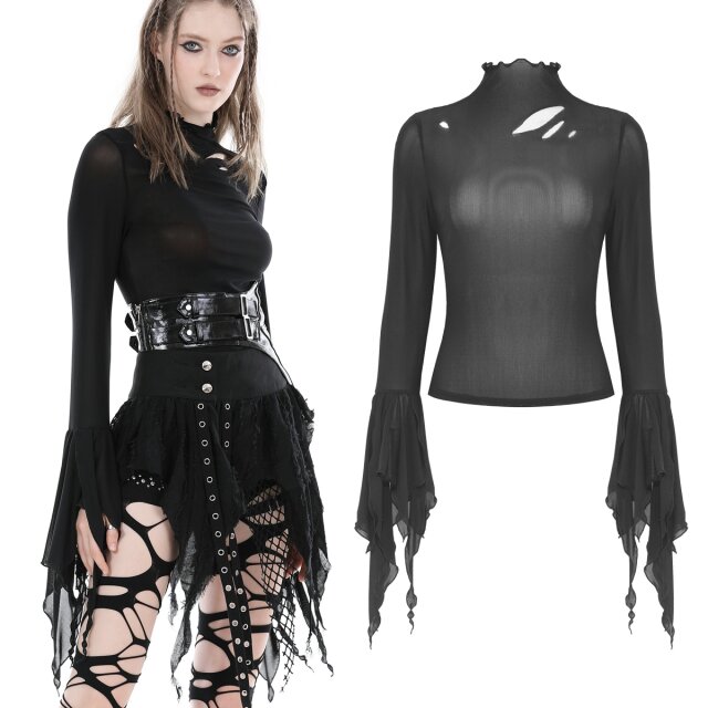 Dark In Love Witchy Gothic tipped mesh shirt Hecate (TW541) with collar, cut-outs and long, flared bell sleeves with long tails