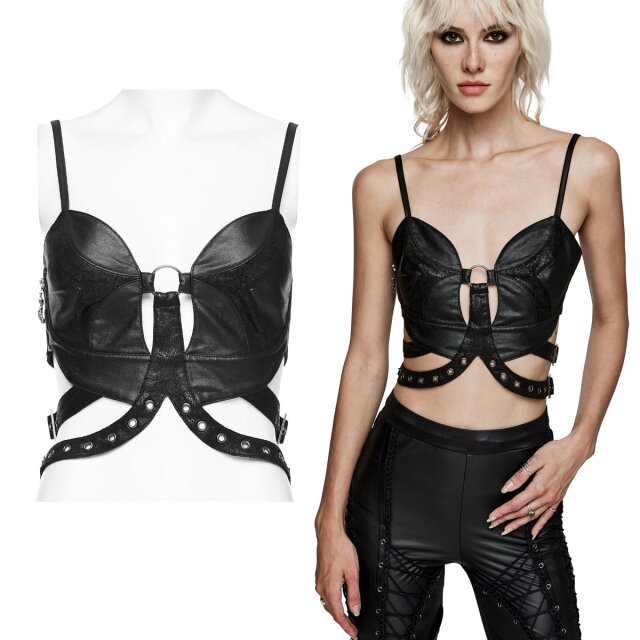 PUNK RAVE Gothic Crop-Top (WS-556BK) aus Kunstleder mit Spaghetti-Trägern und nietenbesetzten Riemen in der Taille, Korsettschnürung im Rücken und rockigem Look mit Cut-Outs und O-Ring.