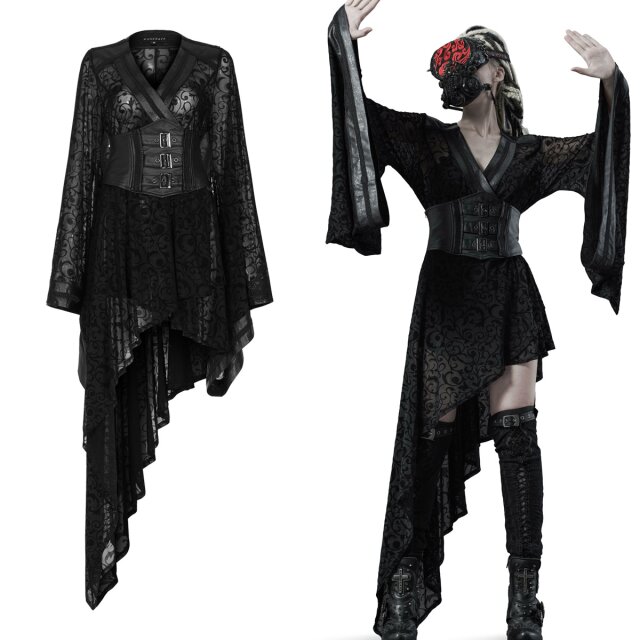 Asymmetrisch geschnittenes PUNK RAVE Kimono-Kleid (WY-1271BK) im Gothic-Style aus beflocktem Mesh mit Zierschnallen besetztem Korsagengürtel