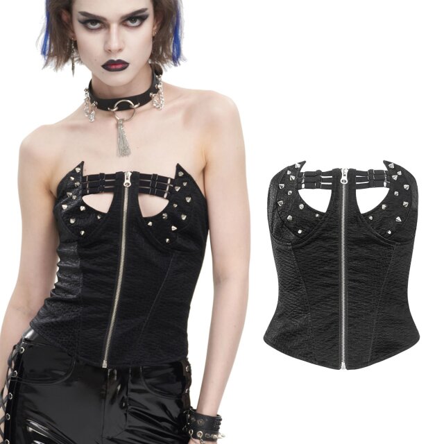 Devil Fashion punky gothic faux leather corsage (CST007) with straps, studs, full-length zipper and cut-out