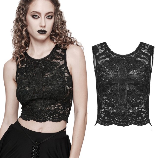 transparentes, kurzes Punk Rave Tanktop Cross Out aus Spitze (WT-847) mit großem Kreuz-Motiv