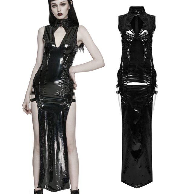Langes enganliegendes Punk Rave Gothic Lack-Kleid Temple Of Lust (WQ-678) mit Riemen, hohen Seitenschlitzen und Cut-Out