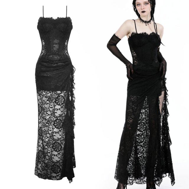 Long dark romantic Dark In Love (DW935) gothic lace dress Luna & Stelle with high side slit and spaghetti straps