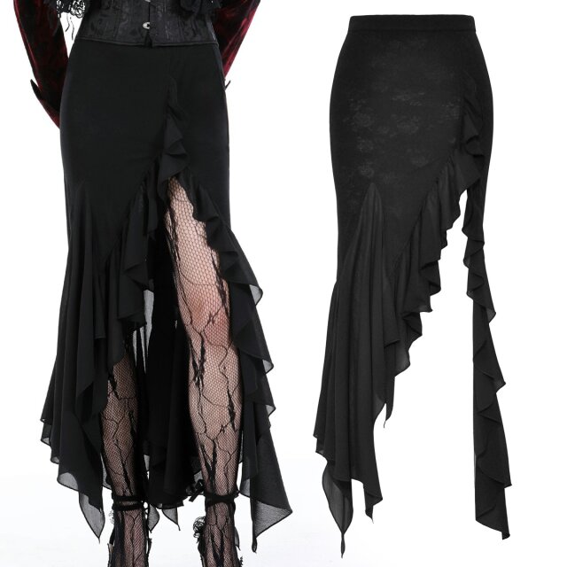 Knöchellanger, schmaler dunkelromantischer Gothic Rock von Dark in Love (KW335) im Godet-Stil mit Taschentuchsaum und hohem Schlitz mit Volant