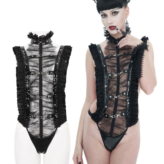 Burlesque Träger-Harness-Body diVine mit Rüschen (SX021), verführerischen Lack-Choker, Lack-String-Tanga und lasziven Karabiner-Haken