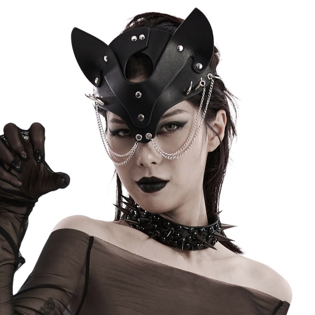 schwarze Gothic Punk Rave Kunstleder-Maske Bad Kitty (WS-603BK) mit Kettchen und Hörnern