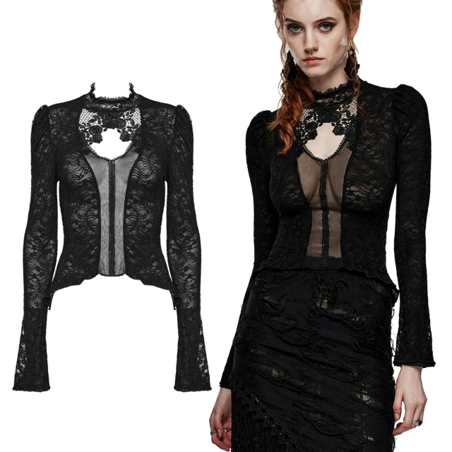 PUNK RAVE dark romantic gothic blouse shirt (WT-809BK) with cut-out and lace, delicate lacing at the back and cut-out swallowtail.