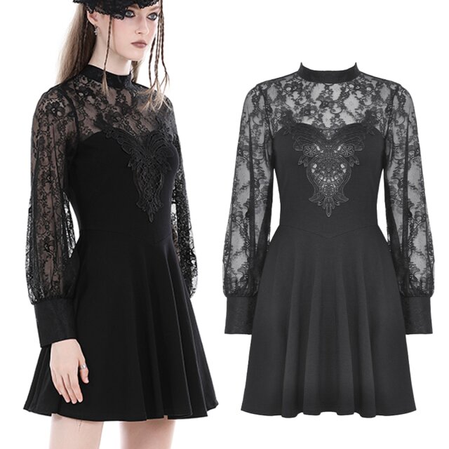 Dark in Love dunkelromantisches Gothic Minikleid (DW884) mit Spitzenärmeln im Dark Lolita Style
