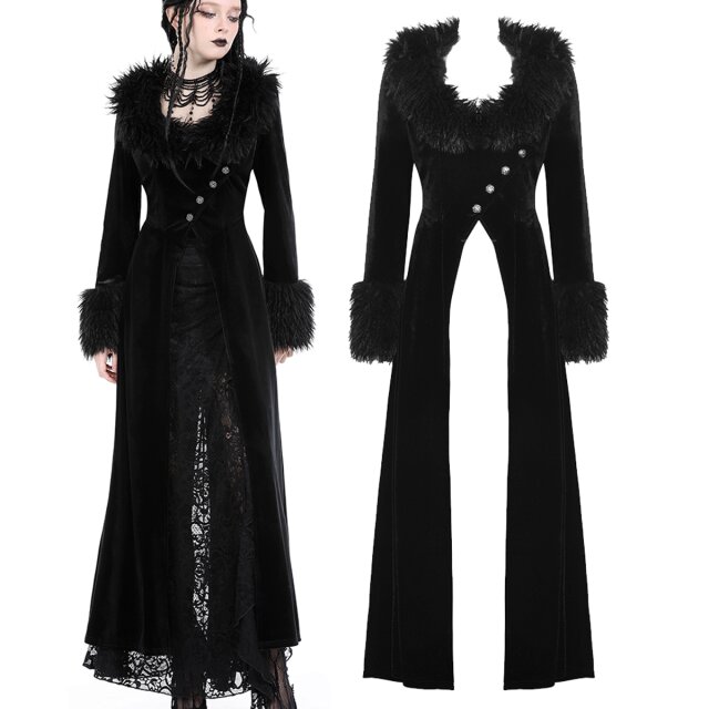 Dark In Love dunkelromantischer langer Samtmantel (JW258) mit Kunstfellbesatz im Gothic Diva Style