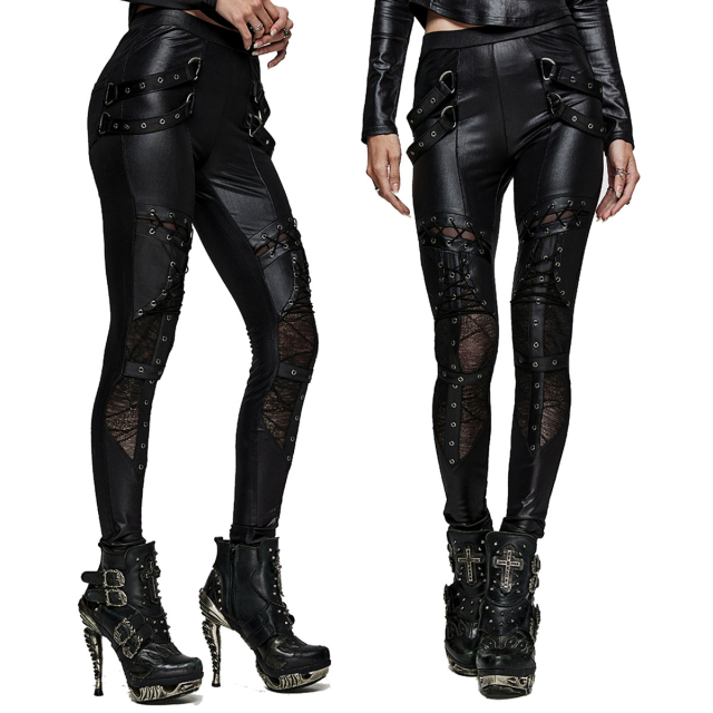 PUNK RAVE tight wetlook gothic pants with straps, lacing...