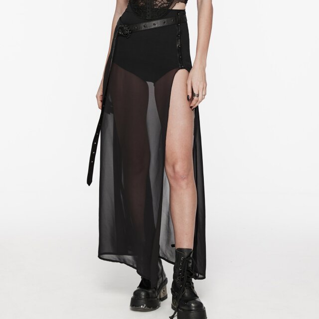 PUNK RAVE long narrow chiffon skirt Black Magic with belt
