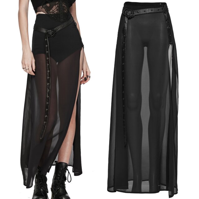 Gothic maxi skirt (WQ-705BK) made of transparent chiffon with studded straps and a long belt made of wet-look material with a leather look and baroque ornamental belt buckle