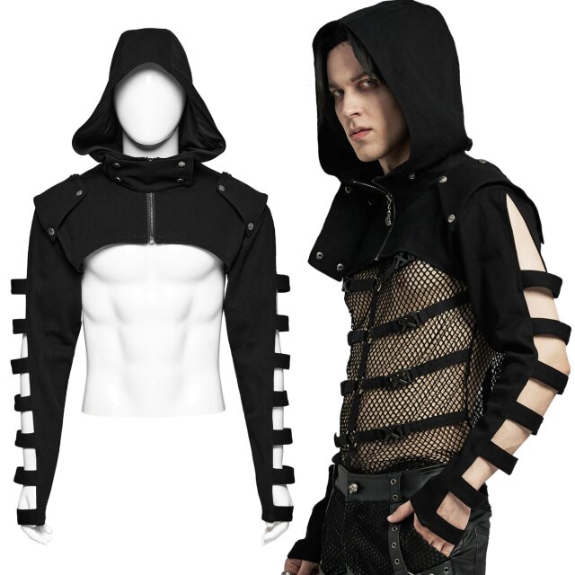 PUNK RAVE Denim Gothic Kurzjacke (WY-1596BK) mit großer Kapuze und ausgefallenen Riemen-Ärmeln