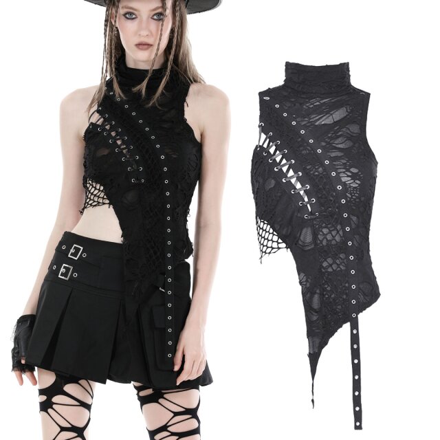Dark In Love ärmelloses asymmetrisches Fetzenshirt Stranger Thing mit Rollkragen (TW510) Löchern und Zierschnürung