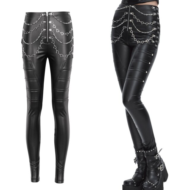Devil Fashion skinny gothic trousers (PT233) made of faux leather with detachable chains with heart-shaped links, hook detail on the hips and decorative stitching on the thighs