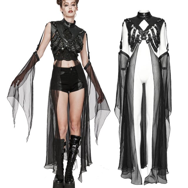 PUNK RAVE Gothic strap vest Arsenic in leather look (WY-1578DPF) with detachable chiffon sleeves and cape with train for an imaginative post-apocalypse look