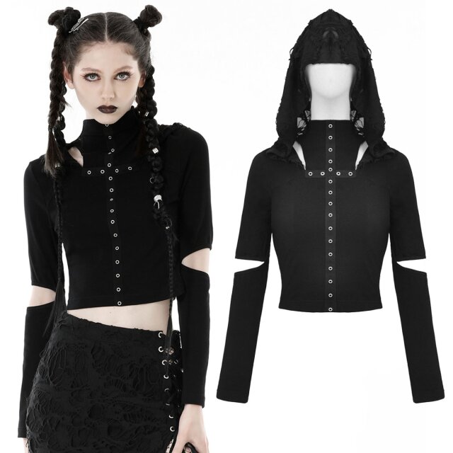 Hooded Cyber-Goth/Punk-Shirt mit langen Ärmeln (TW490) Kapuze im Wasted-Look, Stehkragen und Cut-Outs