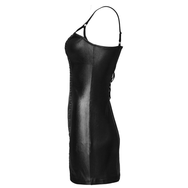 PUNK RAVE Wetlook Minikleid Dark Treasure mit Nieten und Spaghetti-Trägern M-L