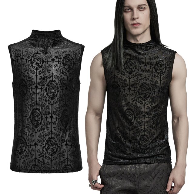 PUNK RAVE Gothic mesh tank top (WT-909BK) for men with baroque flocking with skull cameos, crosses and tendrils