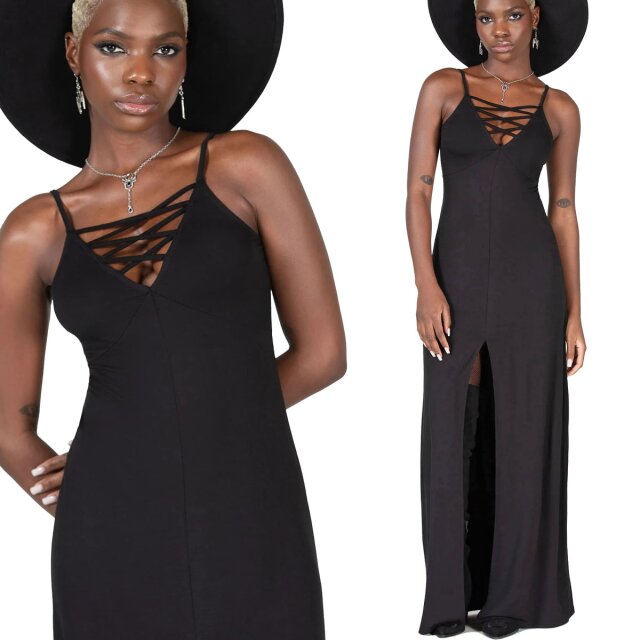 KILLSTAR Forgotten Soul bodenlanges Gothic Maxi-Kleid aus weichem Jersey mit Spaghetti-Trägern, Bändern am V-Ausschnitt und hohem Schlitz vorne