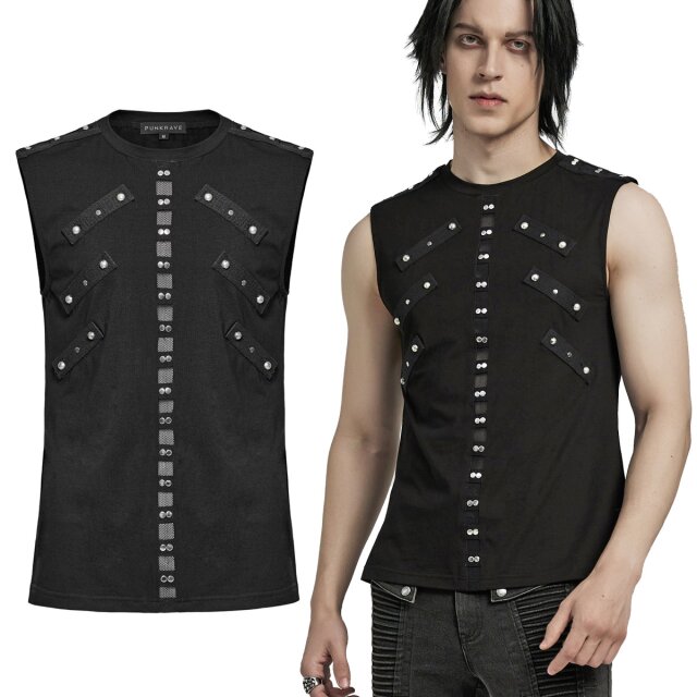 Experience the edgy style of our Gothic tank top (WT-899BK) for men by Punk Rave. Featuring front and shoulder rivet & net details, it offers a rock-chic look in soft cotton-jersey. Shop now!