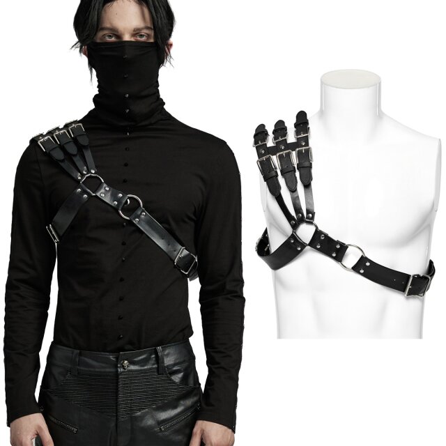 Erlebe unser asymmetrisches Punk Rave Oberkörper-Harness! (WS-636BK) Drei nitenbesetzte Gurte mit Schnallen, O-Ringe & Nieten in Gun-Metal-Farbton. Perfekt für Gothic & Fetisch Looks. Stilvolles Accessoire für Krieger. Breite Riemen um den Oberkörper. Jetzt entdecken!