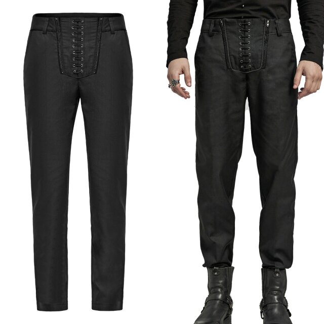 Discover the slim, elegant Gothic uniform Punk Rave trousers (WK-644BK). Stand out with shiny piping & bold front lacing. Perfect for any uniform style & Gothic fashion.