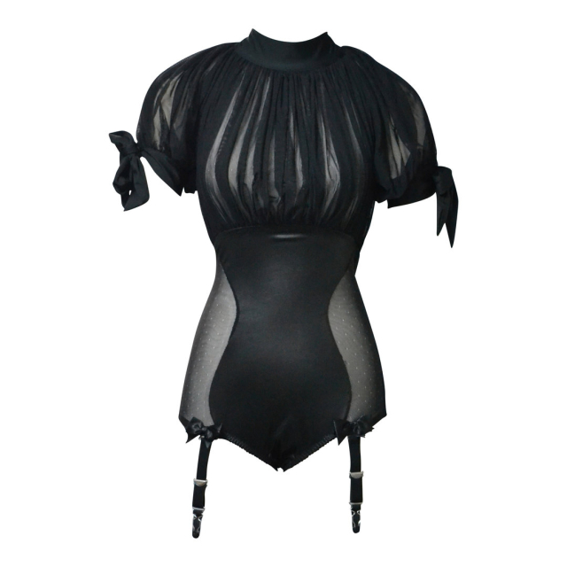 Burlesque Body / One Piece Suit Zouzou with transparent, backless top - size: S-M (UK 6-10) - colour: plain-black