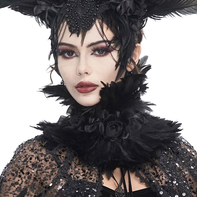 Entdecken Sie unseren Gothic Federkragen (AS178) von Devil Fashion! Perfekt für einen Victorian-Goth Look. Dieses elegante unisex Accessoire ist streng und hochgeschlossen, mit Stoffblüten verziert. Perfekt für melancholische Gothic-Liebhaber! Edel & einzigartig.