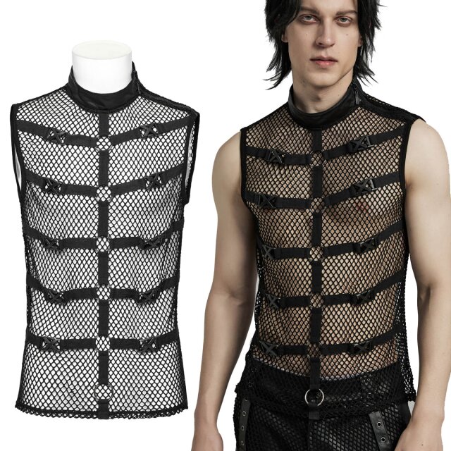 Cyber Goth Punk Rave Tanktop (WT-902BK) mit jeder Menge Riemen und Schnallen sowie Stehkragen aus Kunstleder