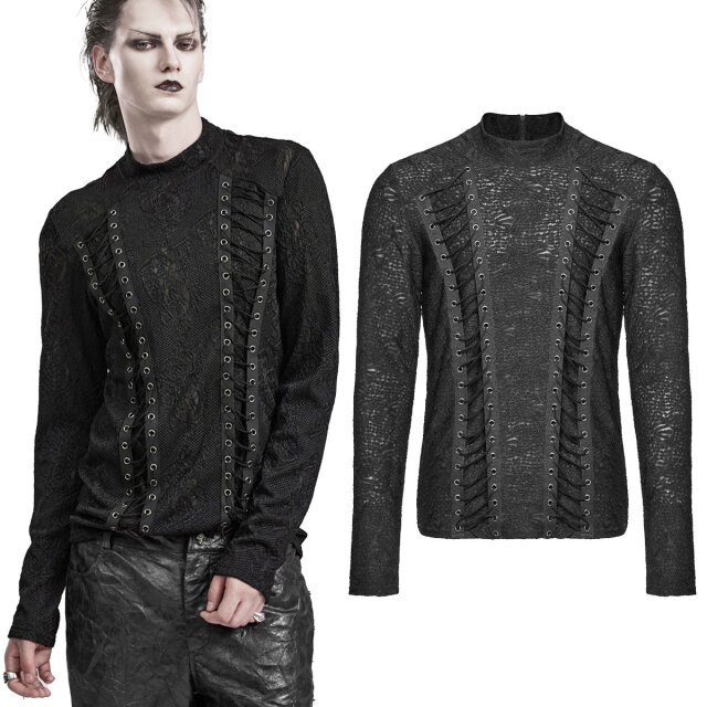 PUNK RAVE Gothic Longsleeve (WT826TCM) Afterdark mit Zierschnürung, Stehkragen im Destroyed-Look