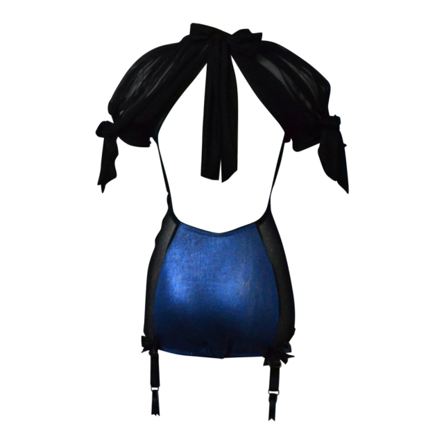 Burlesque Body / Einteiler Zouzou mit transparentem, rückenfreien Top - Größe: S-M (UK 6-10) - Farbe: blau-schwarz