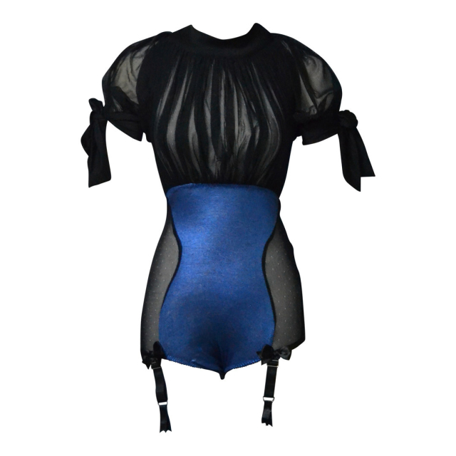 Burlesque Body / Einteiler Zouzou mit transparentem, rückenfreien Top - Größe: M-L (UK 12-14) - Farbe: blau-schwarz