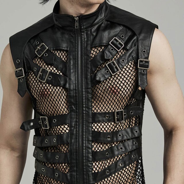 Punk Rave mesh waistcoat Massive Ego with leatherette details