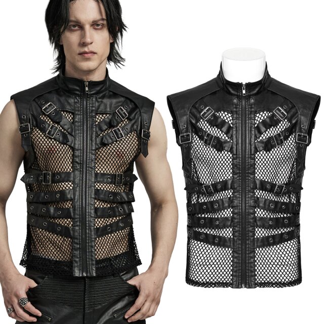 High-necked Punk Rave Gothic fishnet waistcoat (WY-1614BK) with faux leather stand-up collar and straps with buckles on the chest for a dark look with fetish vibes