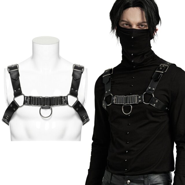 Robust Punk Rave chest harness (WS-637BK) for men made from artificial leather with an integrated chain on the chest for a dramatic gothic style