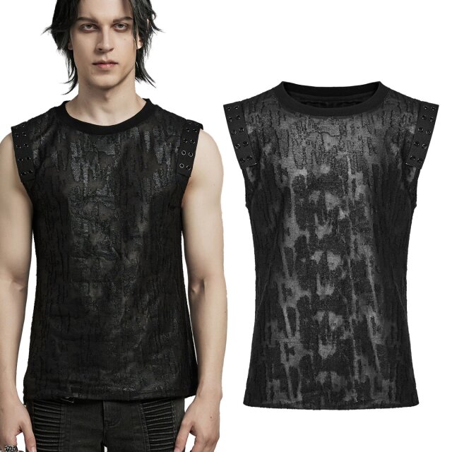 PUNK RAVE Gothic Tanktop (WT-887BK) aus seidenmatt glänzendem Material in Fetzenoptik mit betonten Schultern, dank breiter ösen-besetzter Bänder