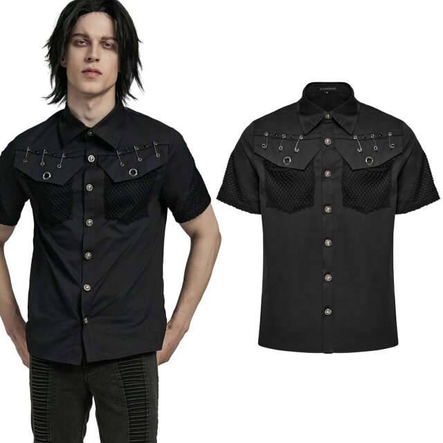 Punk Rave Gothic short sleeve shirt Revolt (WY-1619BK) in anarchic punk design with mesh pockets, rivets, large safety pins and skull buttons