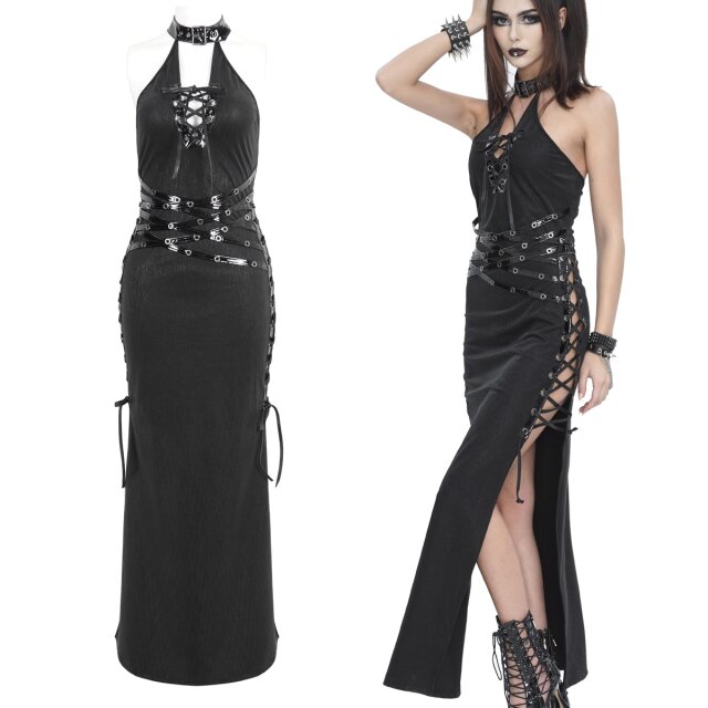 Sinnliches, knöchellanges Gothic-Kleid (SKT193) von Devil Fashion! Verführe mit seitlicher Schnürung, sündigem Lack und Neckholder.