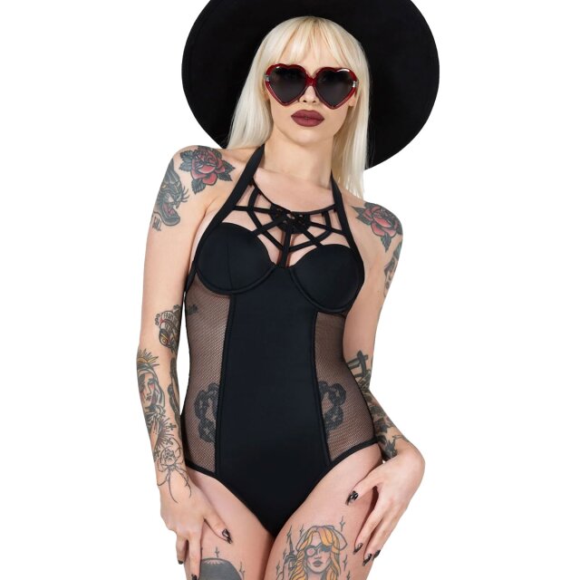 Gothic KILLSTAR Abyssal halterneck swimsuit (KSRA010655) with mesh inserts, padded cups and spider web décolleté
