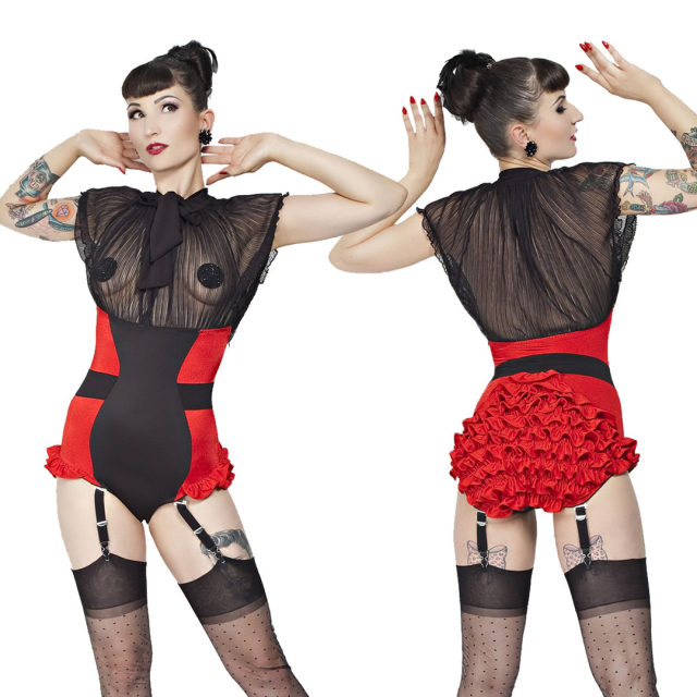 Burlesque Dress / Body Lili mit Rüschen Panty und transparentem Top in 2 Farbkombis - Größe: M-L (UK 12-14) - Farbe: rot-schwarz