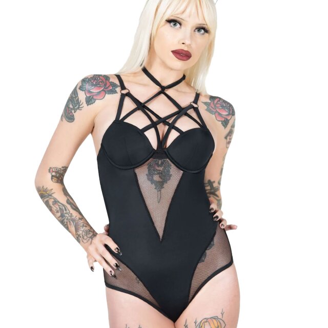 KILLSTAR Sacred Ocean Gothic Badeanzug (KSRA010661) mit wattierten Cups, Mesheinsätzen und Pentagramm Bändern