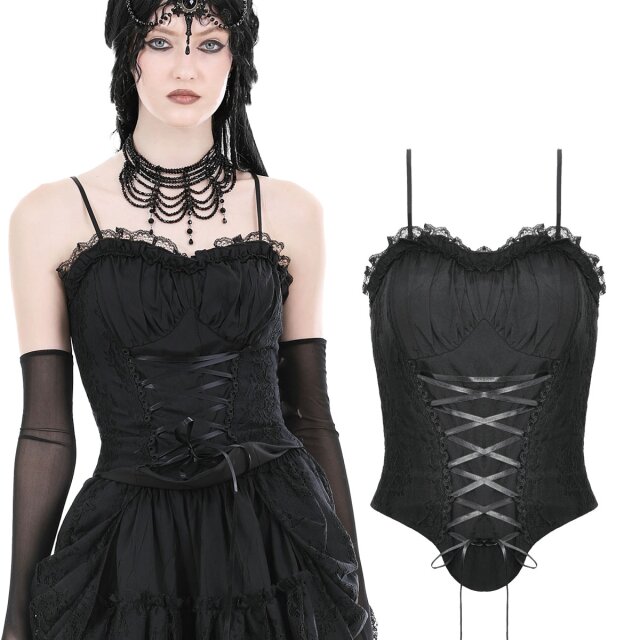Dark in Love Dark romantic gothic strap top Edana in corsage look (CW059BK) with lined cups, lace frills and lacing