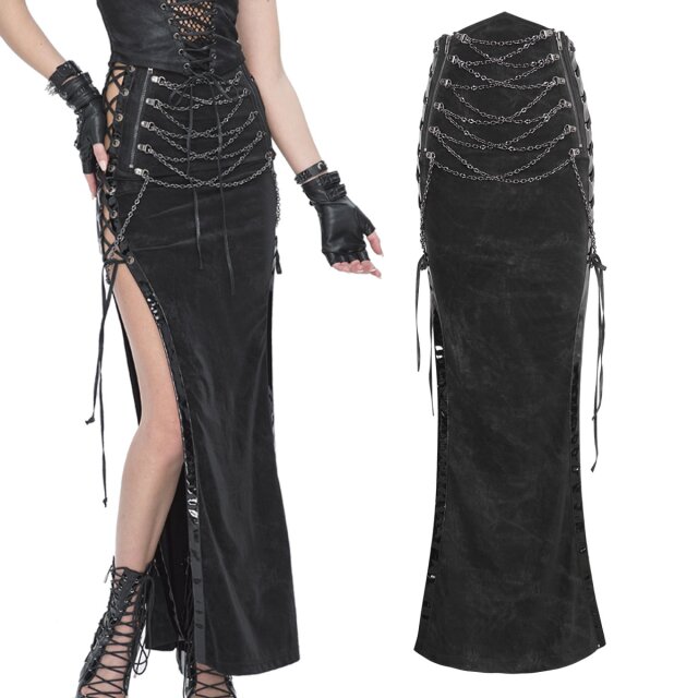 Devil Fashion langer High-Waist Gothic-Rock Toxicity (SKT191) mit Ketten, sinnlichen Schnürungen und Lackriemen mit Schnallen