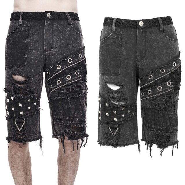 Anthracite-washed Devil Fashion denim gothic shorts for men (PT113) with eyelets, rivets, decorative zips and lots of rips and scuffed edges