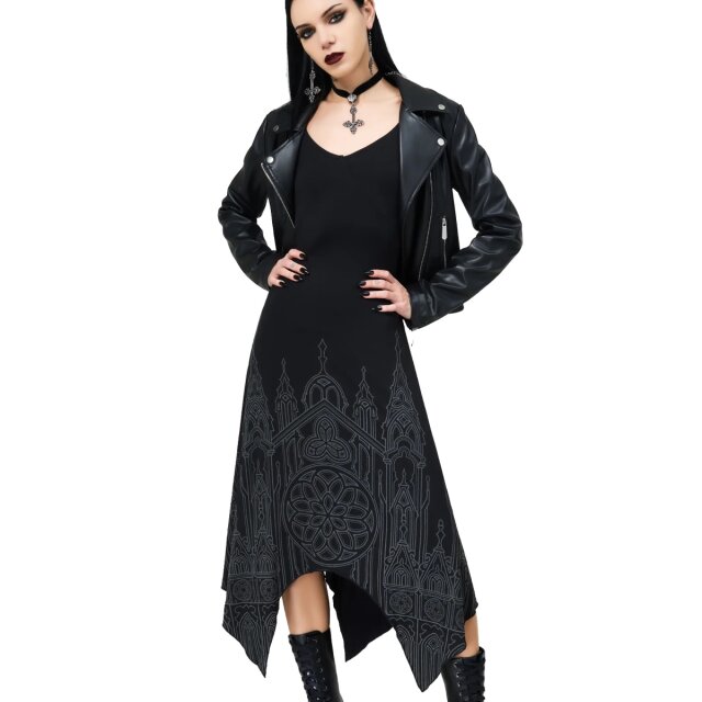 Killstar Unholy Oath Maxi Dress with long tails at the hem, sophisticated spaghetti straps and a wonderful print of Gothic cathedral architecture