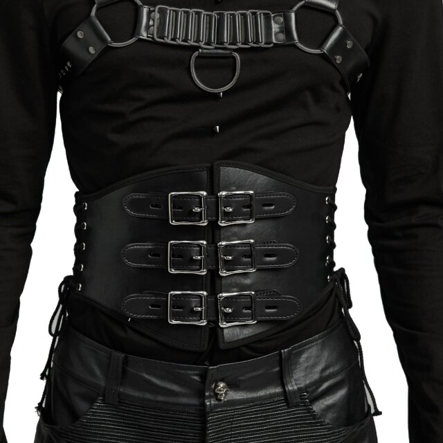 Wide PUNK RAVE faux leather belt / cummerbund (WS-635BK) for men with three massive buckles and lacing at the sides and back, for a dark gothic look with fetish vibes