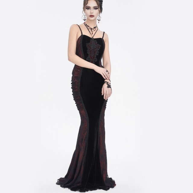Langes rot schwarzes Neckholderkleid Scarpia mit Spitze L