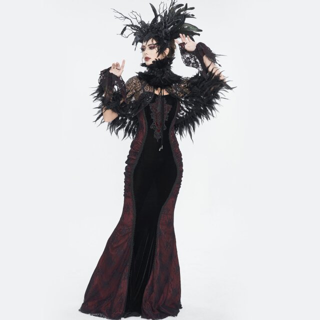 Langes rot schwarzes Neckholderkleid Scarpia mit Spitze L